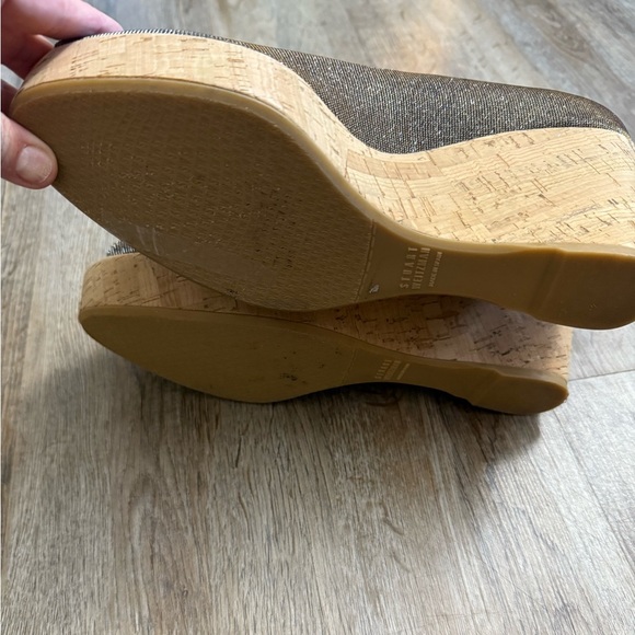 Stuart Weitzman • Anna Metallic Peep Toe Cork Platform Wedge Heels - Picture 11 of 15